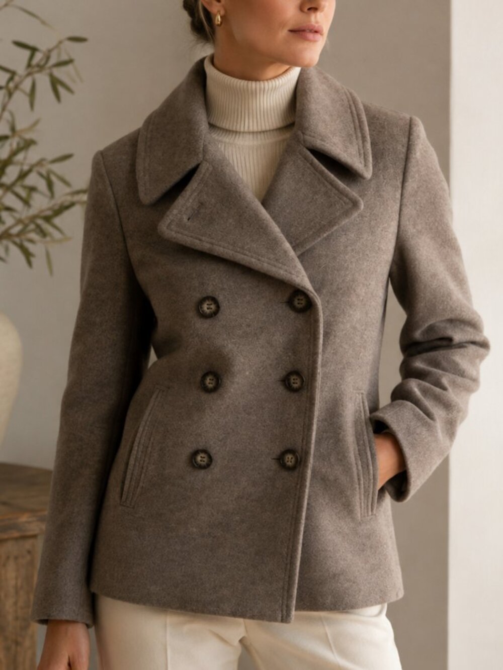 Calvin Klein Taupe Wool Silk Blend Pea Coat M Double Breasted Quiet Luxury EUC